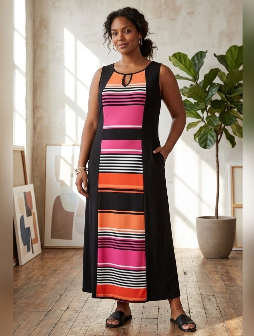 R&K Women's Maxi Dress - Black, Pink, Orange Stripes